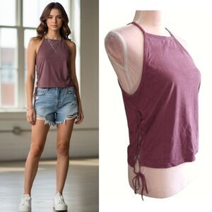 AEO Mauve Suede High Neck Lace Up Sides Crop Boho Tank Top Large